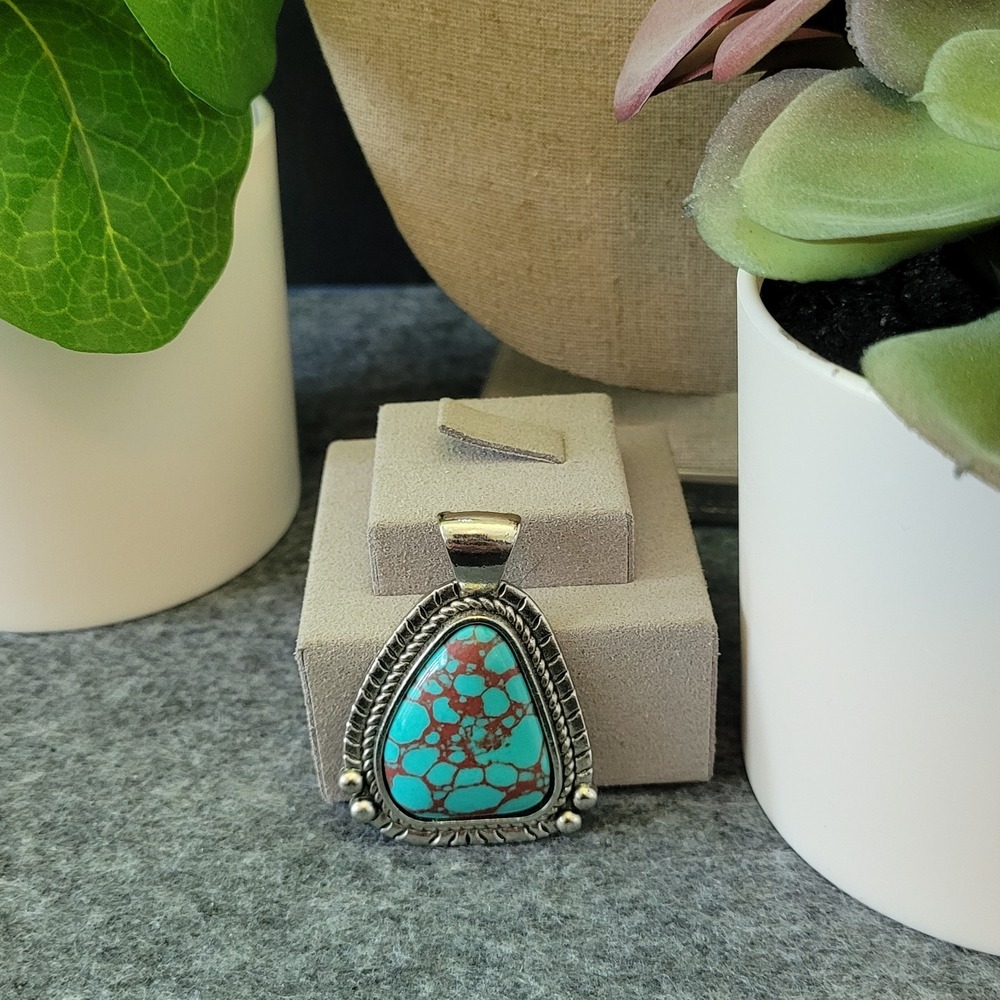 Southwestern Revival Turquoise Matrix Silver Tone Statement Pendant Boho